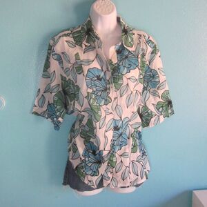 Joan Sports XL Lightweight Floral Cotton Summer Blouse Button Up Top Size 16